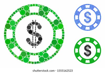 Dollar casino chip composition of filled circles in variable sizes and color tinges, based on dollar casino chip icon. Vector filled circles are united into blue composition.