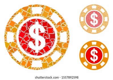 Dollar casino chip composition of inequal pieces in variable sizes and color hues, based on dollar casino chip icon. Vector irregular pieces are grouped into composition.