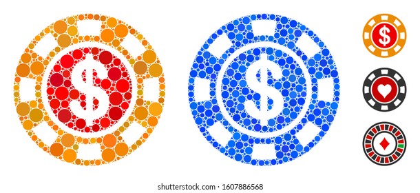Dollar casino chip composition of small circles in variable sizes and color hues, based on dollar casino chip icon. Vector small circles are combined into blue illustration.