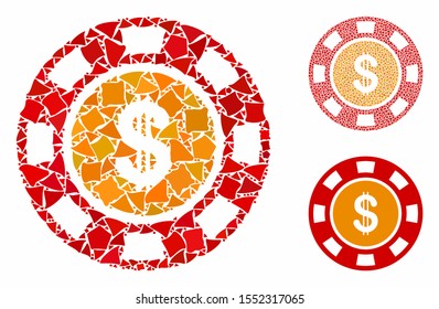 Dollar casino chip composition of uneven parts in various sizes and color tones, based on dollar casino chip icon. Vector uneven dots are united into composition.