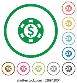 Dollar casino chip flat color icons in round outlines