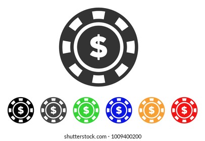 Dollar Casino Chip icon. Vector illustration style is a flat iconic dollar casino chip symbol with gray, yellow, green, blue, red, black color versions. Designed for web and software interfaces.