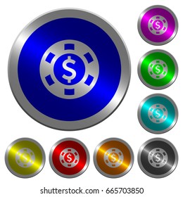 Dollar casino chip icons on round luminous coin-like color steel buttons