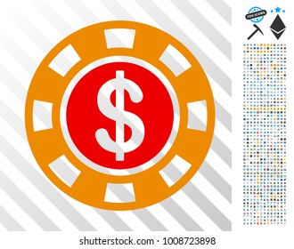 Dollar Casino Chip pictograph with 7 hundred bonus bitcoin mining and blockchain graphic icons. Vector illustration style is flat iconic symbols designed for blockchain software.