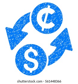 Dollar Cent Exchange grainy textured icon for overlay watermark stamps. Flat symbol with dirty texture. Dotted vector blue ink rubber seal stamp with grunge design on a white background.