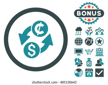 Dollar Cent Exchange icon with bonus images. Vector illustration style is flat iconic bicolor symbols, soft blue colors, white background.
