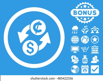 Dollar Cent Exchange icon with bonus elements. Vector illustration style is flat iconic symbols, white color, blue background.