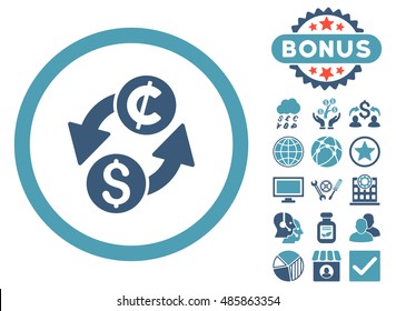 Dollar Cent Exchange icon with bonus symbols. Vector illustration style is flat iconic bicolor symbols, cyan and blue colors, white background.