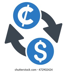 Dollar Cent Exchange icon. Vector style is bicolor flat iconic symbol with rounded angles, smooth blue colors, white background.