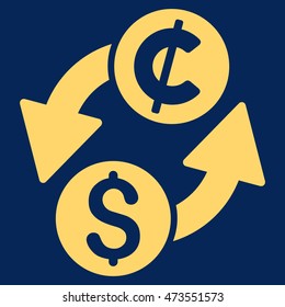 Dollar Cent Exchange icon. Vector style is flat iconic symbol with rounded angles, yellow color, blue background.