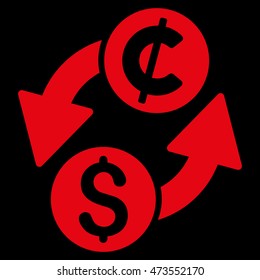 Dollar Cent Exchange icon. Vector style is flat iconic symbol with rounded angles, red color, black background.
