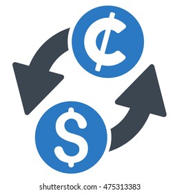 Dollar Cent Exchange icon. Vector style is bicolor flat iconic symbol with rounded angles, smooth blue colors, white background.
