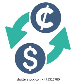 Dollar Cent Exchange icon. Vector style is bicolor flat iconic symbol with rounded angles, cobalt and cyan colors, white background.