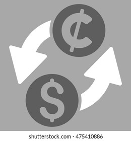 Dollar Cent Exchange icon. Vector style is bicolor flat iconic symbol with rounded angles, dark gray and white colors, silver background.
