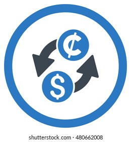 Dollar Cent Exchange rounded icon. Vector illustration style is flat iconic bicolor symbol, smooth blue colors, white background.