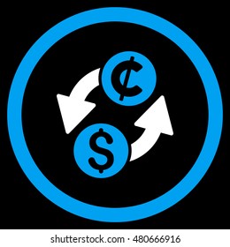 Dollar Cent Exchange rounded icon. Vector illustration style is flat iconic bicolor symbol, blue and white colors, black background.