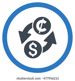 Dollar Cent Exchange vector bicolor rounded icon. Image style is a flat icon symbol inside a circle, smooth blue colors, white background.