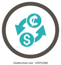 Dollar Cent Exchange vector bicolor rounded icon. Image style is a flat icon symbol inside a circle, grey and cyan colors, white background.