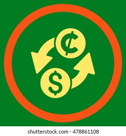 Dollar Cent Exchange vector bicolor rounded icon. Image style is a flat icon symbol inside a circle, orange and yellow colors, green background.