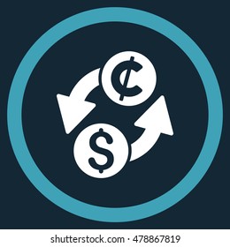 Dollar Cent Exchange vector bicolor rounded icon. Image style is a flat icon symbol inside a circle, blue and white colors, dark blue background.