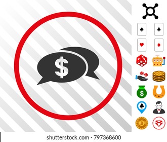 Dollar Chat gray pictograph inside red circle with bonus gambling symbols. Vector illustration style is flat iconic symbols. Designed for gambling gui.