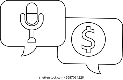 ícone de bate-papo dólar e ícone de microfone com fundo branco.com linhas pretas