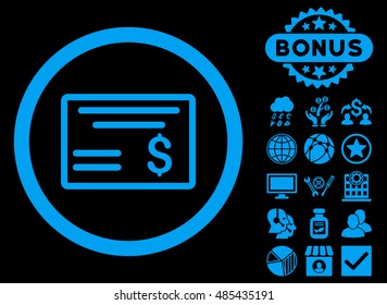 Dollar Cheque icon with bonus symbols. Vector illustration style is flat iconic symbols, blue color, black background.
