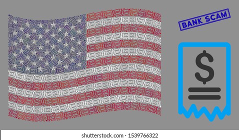 Dollar cheque icons are combined into USA flag stylization with blue rectangle rubber stamp seal of Bank Scam text. Vector composition of USA waving state flag is constructed with dollar cheque icons.