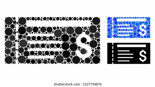 Dollar cheque mosaic of small circles in variable sizes and color tints, based on dollar cheque icon. Vector filled circles are organized into blue mosaic.