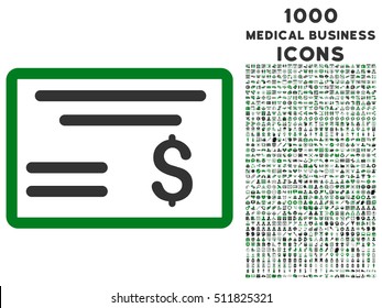 Dollar Cheque vector bicolor icon with 1000 medical business icons. Set style is flat pictograms, green and gray colors, white background.