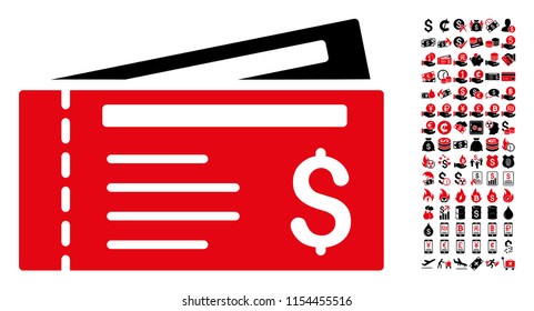 Dollar cheques icon. Vector illustration style is flat iconic symbols in black and red colors. Bonus contains 90 icons designed for business and commercial applications.