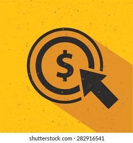Dollar click icon design on yellow background, flat design. Clean vector.