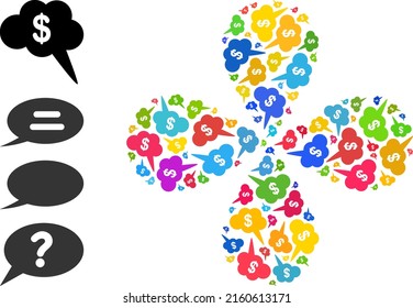 Dollar cloud bubble icon colored exploding flower with four petals shape. Object flower organized from random dollar cloud bubble items. Vector flower icon collage in flat style.