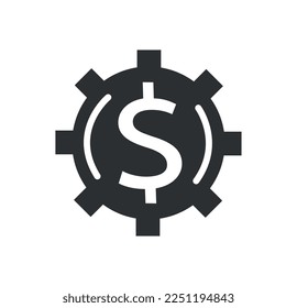 Dólar en icono de coghweel. Eficacia en el flujo de trabajo y la estrategia financiera, planificación. Procesos empresariales e ingresos pasivos. Ganar dinero y éxito, riqueza. Dibujo vectorial plano de dibujos animados