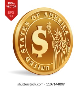 Dollar coin. 3D isometric Physical golden coin with Dollar symbol and with the image of the Statue of Liberty isolated on white background. American money. Vector illustration.