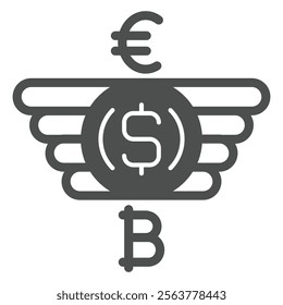 Dollar coin with angel wings solid icon, finance concept. Vector graphics. Euro, dollar, bitcoin flying coin sign on white background, glyph style icon for mobile or web design