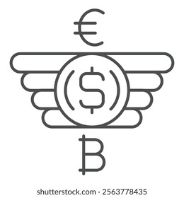 Dollar coin with angel wings thin line icon, finance concept. Vector graphics. Euro, dollar, bitcoin flying coin sign on white background, outline style icon for mobile or web design