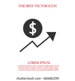 Dollar coin with arrow up chart vector icon. Business growth success symbol. Simple isolated sign.
