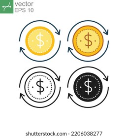 Dollar coin with arrow in circle for money flow element of money crime laundering. USD currency circled sign. Finance, investment, money icon. vector illustration. Design on white background. EPS10