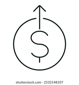 Dollar coin and arrow going up. Line icon for web, website or app. Finance, money growth, rate, cryptocurrency, business, investment concept. White background. Editable vector stroke. Pixel Perfect.