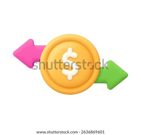 Dollar coin with arrow right and left. Investment, financial transaction, business and finance concept. 3d vector icon. Cartoon minimal style.