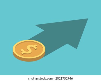 Dollar Coin With Arrow Shaped Shadow. Investment, Finance, Exchange Rate, Hidden Opportunity, Growth And Development Concept. Flat Design. EPS 8 Vector Illustration, No Transparency, No Gradients