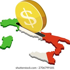 Una moneda de dólar insertada en una ranura en el mapa de Italia (colores de la bandera). Concepto de inversión extranjera, finanzas o ayuda económica en Europa y la Eurozona. (cortado)