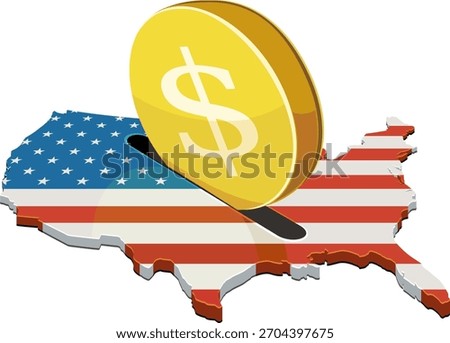 A dollar coin being inserted into a slot on the USA map (flag colors). Concept for foreign investment, finance, or economic aid. (cut out)