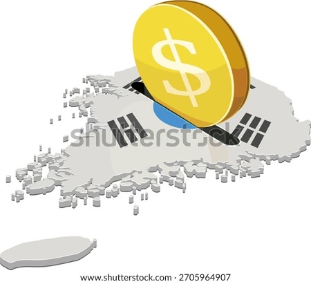 A dollar coin being inserted into a slot on the South Korea map (Taegeukgi flag). Concept for foreign investment, finance, or economic aid in Asia. (cut out)