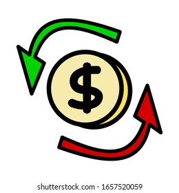 Dollar-Münze zwischen zwei Pfeilen um sie herum auf weißem Hintergrund, Währung und Cashflow. Flache Vektorillustration Cartoon im Business- und Finanzkonzept.