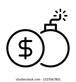 Dollar coin with Bomb. Simple design. Line vector. Isolate on white background.
