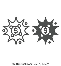 Dollar coin boom line and solid icon, finance concept. Vector graphics. Explosion, money flash bubble sign on white background, outline style icon for mobile or web design