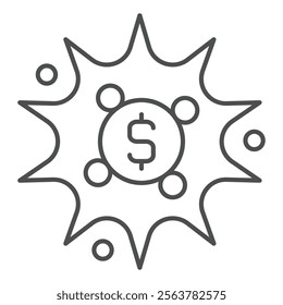 Dollar coin boom thin line icon, finance concept. Vector graphics. Explosion, money flash bubble sign on white background, outline style icon for mobile or web design