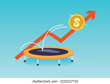 La moneda de un dólar rebota en el trampolín. Ilustración del vector